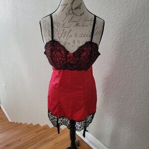 Red Satin and Black Lace Chemise Lingerie with Garters